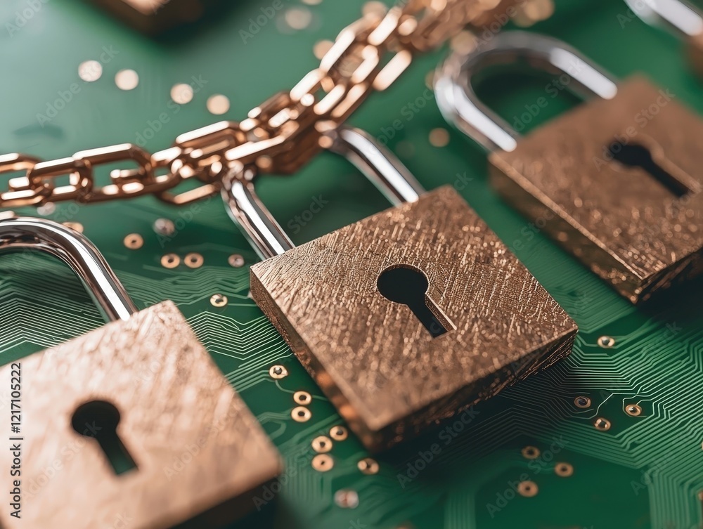 Poster close-up of metallic padlocks on green circuit board representing security and privacy in digital te