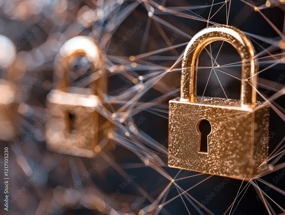 Poster close-up of golden padlocks connected by glowing lines representing digital security and data protec