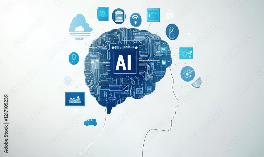 Poster the human head and brain are connected to various external icons and artificial intelligence concept