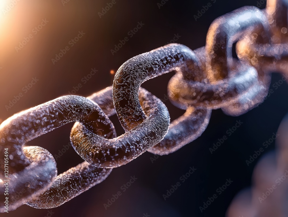 Poster close-up of a rusty chain link with sparkling water droplets against a dark background