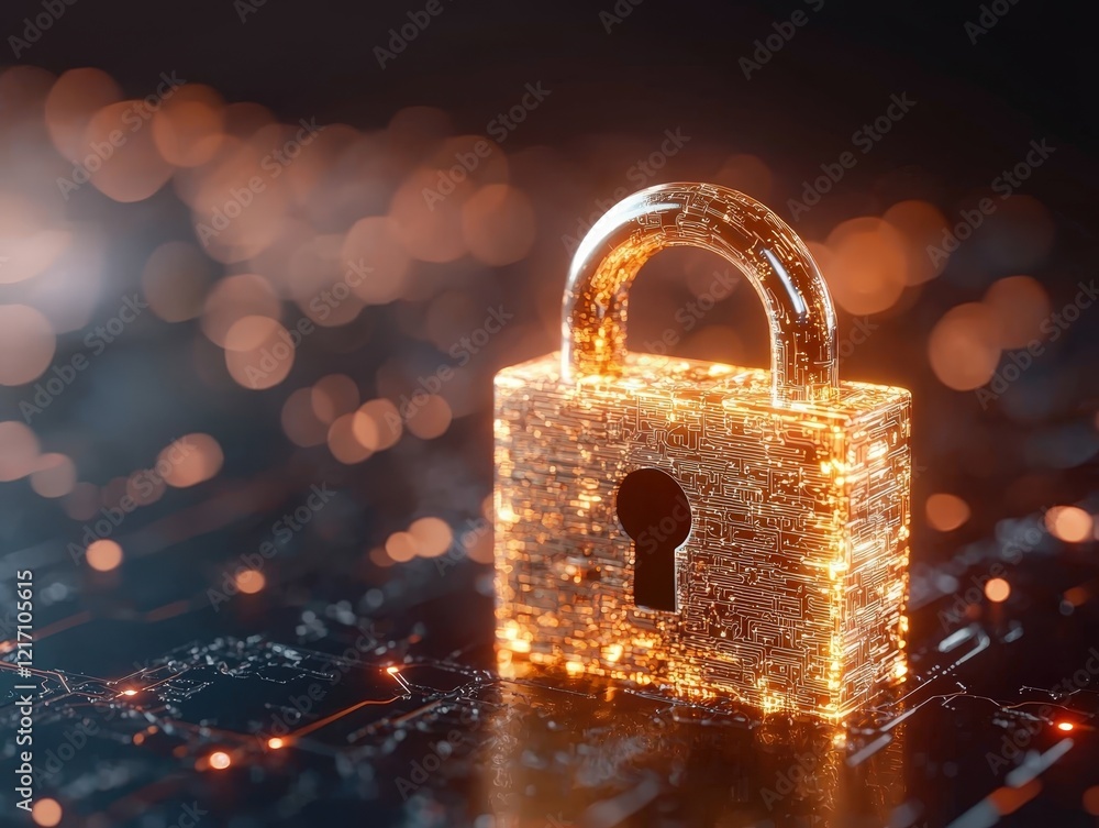 Poster glowing digital padlock on circuit background symbolizing cybersecurity and protection of data priva