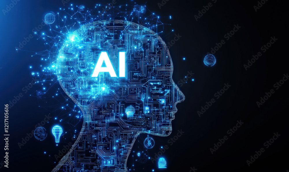 Poster the human head and brain are connected to various external icons and artificial intelligence concept