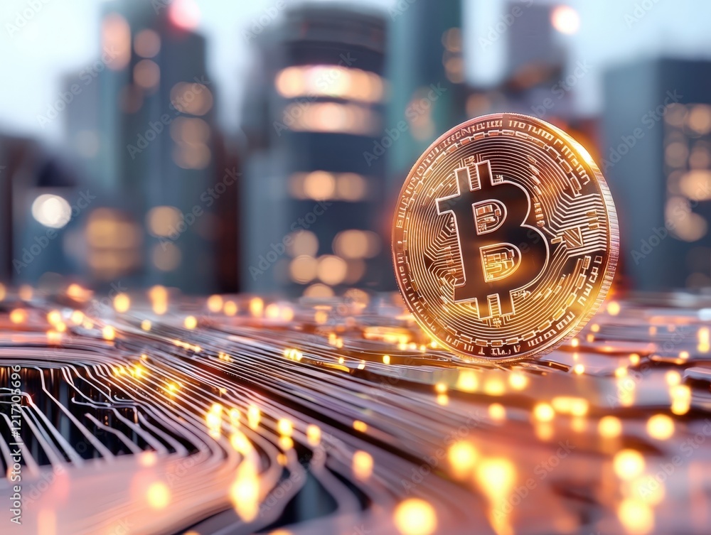 Poster golden bitcoin coin with circuit patterns and urban background capturing the essence of cryptocurren