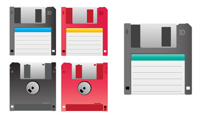 Set Illustration of Retro Floppy Disk Icons in Various Colors isolated