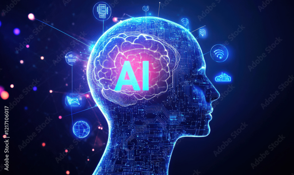 Poster the human head and brain are connected to various external icons and artificial intelligence concept