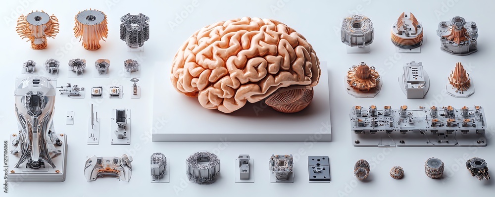 Aufkleber human brain layout with sensors for computer testing on white background, science and innovative tec
