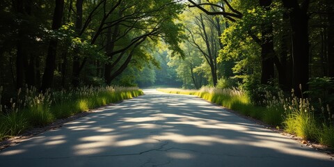Obraz premium Sun-dappled asphalt road winding through a lush green forest canopy, illuminated by the morning sun