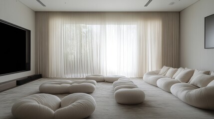 Modern minimalist home theater room design with plush seating