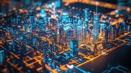 Illuminated Cityscape At Night Glowing Buildings And Roads