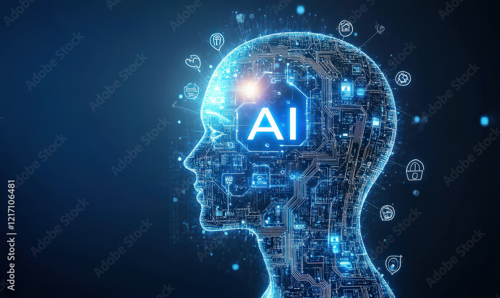 Poster the human head and brain are connected to various external icons and artificial intelligence concept
