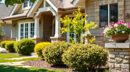 Fototapeta premium Luxury House Exterior with Landscaped Garden and Stone Pathway. Real Estate, Residential Property, Home Architecture, Beautiful Landscaping Design.