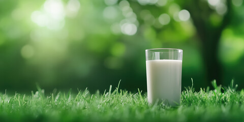 Glass of milk on grass with green bokeh. Dairy and natural food marketing content