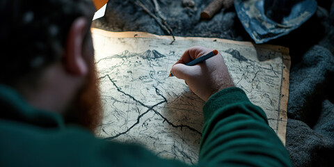 Person Tracing Route on Antique Map