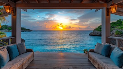 Fototapeta premium Tropical Sunset Ocean View Gazebo Relaxation