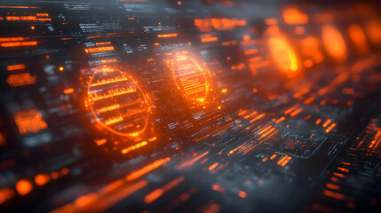 Abstract Futuristic Digital Interface with Glowing Orange Lines and Data Streams