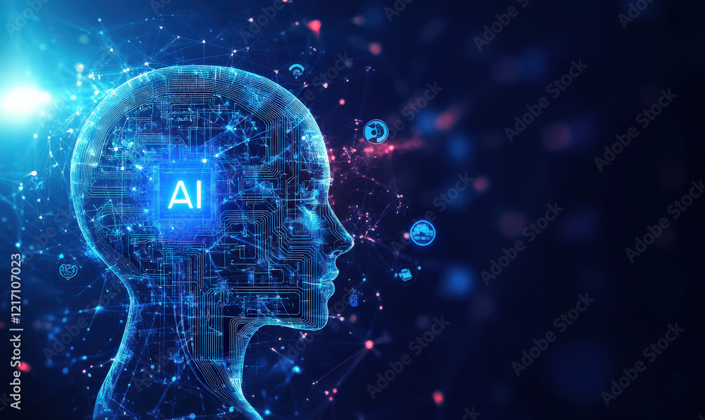 Poster the human head and brain are connected to various external icons and artificial intelligence concept