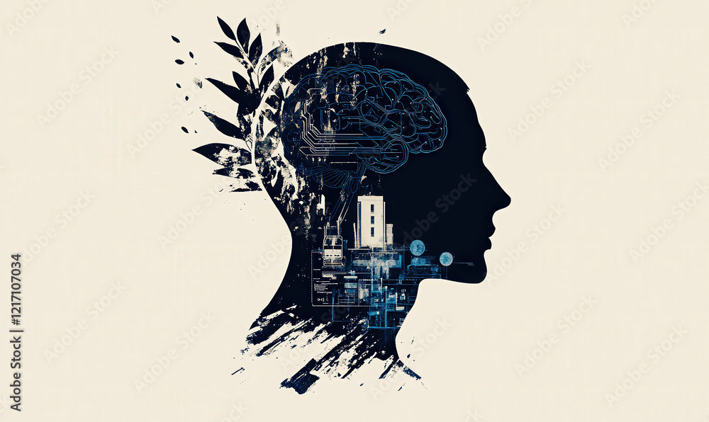 Poster the human head and brain are connected to various external icons and artificial intelligence concept