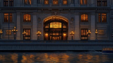 Grand Building Entrance Illuminated at Night