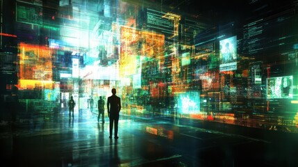 A lone figure observes a vast digital data landscape