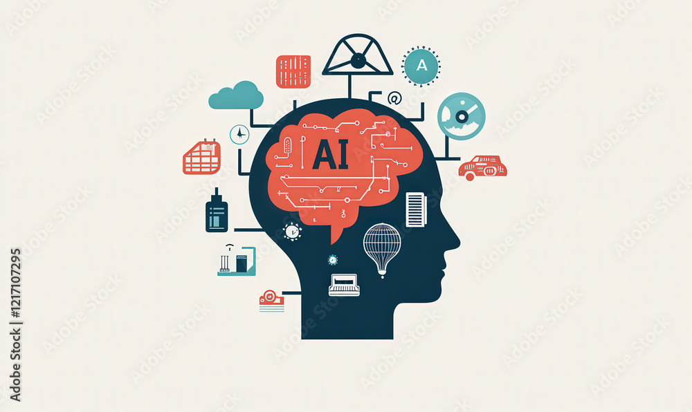 Poster the human head and brain are connected to various external icons and artificial intelligence concept
