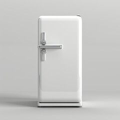 A vintage-style white refrigerator with a shiny chrome handle. isolated on white background