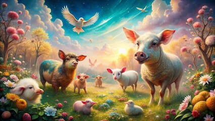 Surreal Cute Farm Animals Pattern: Whimsical Pastel Dreamscape
