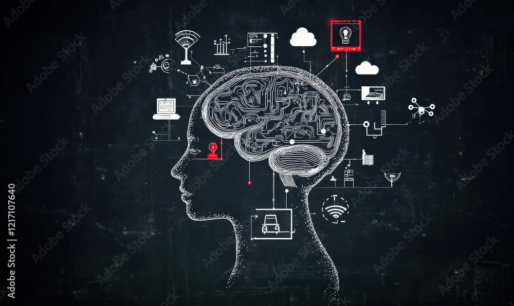 Poster the human head and brain are connected to various external icons and artificial intelligence concept