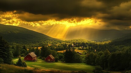 Golden Sunset Rays Illuminate Mountain Valley Farmhouses