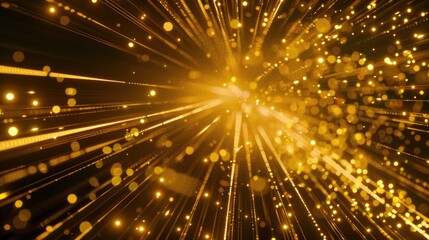 A burst of golden light and particles creating a dynamic, energetic atmosphere.