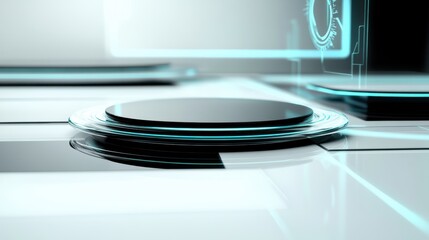 Futuristic Glass Platform with Teal Lighting Design