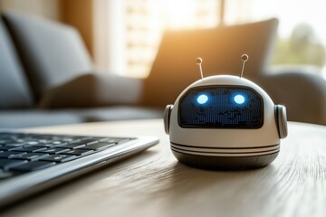 Chatbot icon displayed on a digital futuristic blue background with wavy patterns and pixelated design