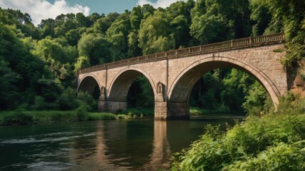 Fototapeta premium A Serene Afternoon by the Whispering River: Capturing the Majestic Arch Bridge Nestled Amongst Lush Greenery and Tranquil