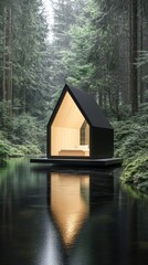 Fototapeta premium A modern tiny home with minimalist design sits on a serene lake surrounded by lush greenery, reflecting a tranquil and harmonious atmosphere.