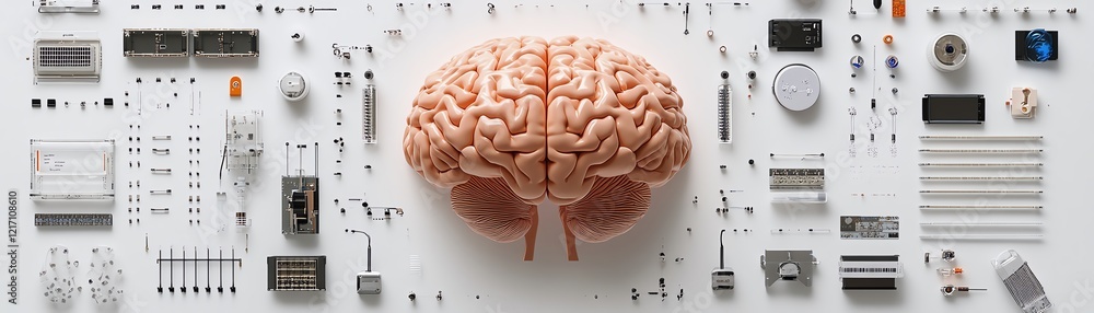 Aufkleber science and innovation technology concept with human brain layout and sensors for testing, 3d render