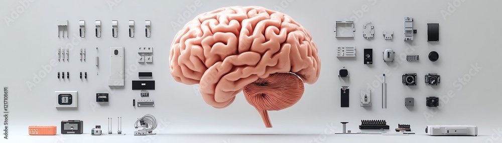 Poster science and innovation technology concept with human brain layout and sensors for testing, 3d render