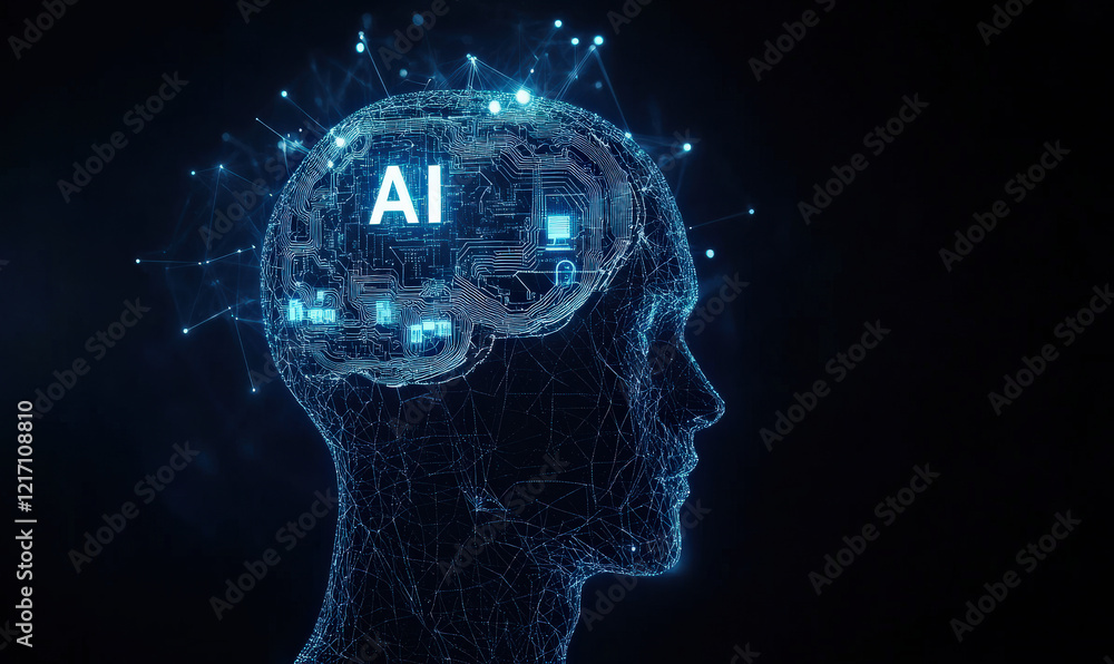 Poster the human head and brain are connected to various external icons and artificial intelligence concept