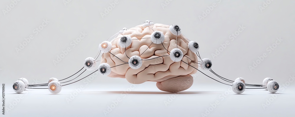 Poster science and innovative technologies concept with human brain layout connected to sensors for compute