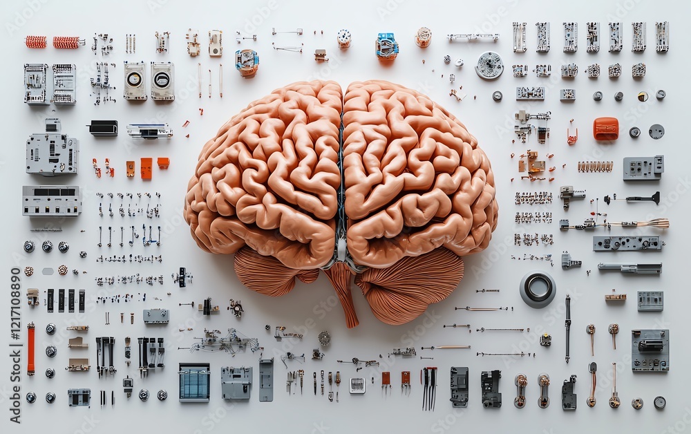 Poster science and innovative technologies concept with human brain layout connected to sensors for compute