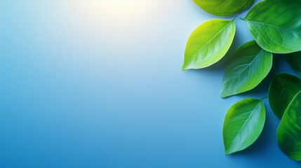 Vibrant green leaves against a soft blue background, symbolizing freshness and nature.