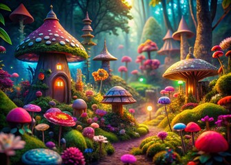 Fototapeta premium Surreal Gnome Garden: Whimsical Fantasy Background Design Stock Photo