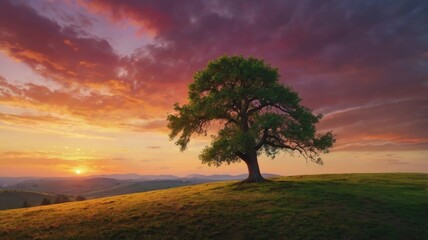 Obraz premium A Majestic Solitary Tree Silhouetted Against a Vibrant Sunset Sky, Creating a Serene and Peaceful Landscape That Invokes a Sense of Calm