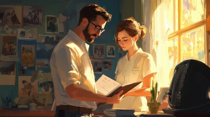 Fototapeta premium A warm, intimate scene depicting a man and a woman engaged in conversation, surrounded by a cozy, sunlit room filled with personal mementos.