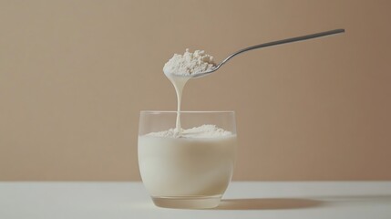 A spoonful of fine powdered milk being poured into a glass of warm water, creating a smooth mixture