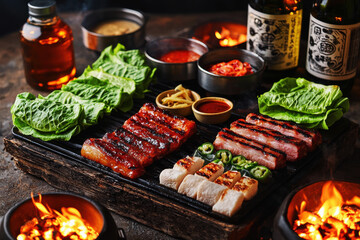 Sizzling Korean BBQ experience with grilled pork belly and fresh lettuce wraps on a rustic table