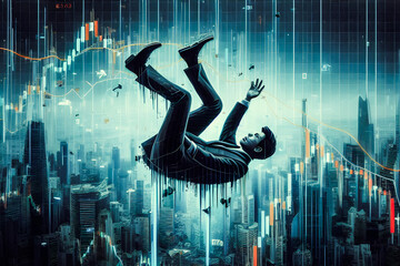 young businessman Falling from a tall building amidst the capital, business disappointment