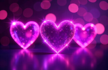 Neon purple pink harts shapes collection with various glowing effects, luminous outline, gleaming lines. Valentine's day.