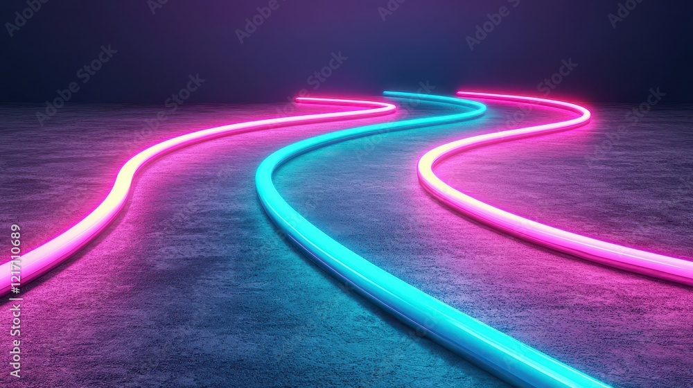 Poster neon light trails on dark surface creating dynamic visual effects