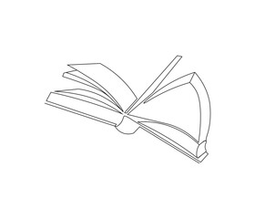 One continuous line drawing of opened book with flying page. Studying book or knowledge book in simple line. Concept vector art for university or college. Editable stroke. Doodle line illustration