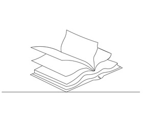 One continuous line drawing of opened book with flying page. Studying book or knowledge book in simple line. Concept vector art for university or college. Editable stroke. Doodle line illustration
