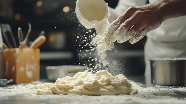 A chef adding powdered milk into a dough mixture on a kitchen countertop with flour and utensils nearby